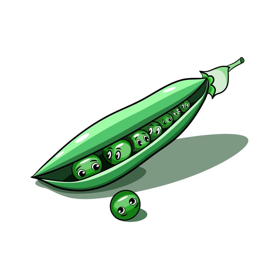 Pod of green peas with cartoon character peas inside vector