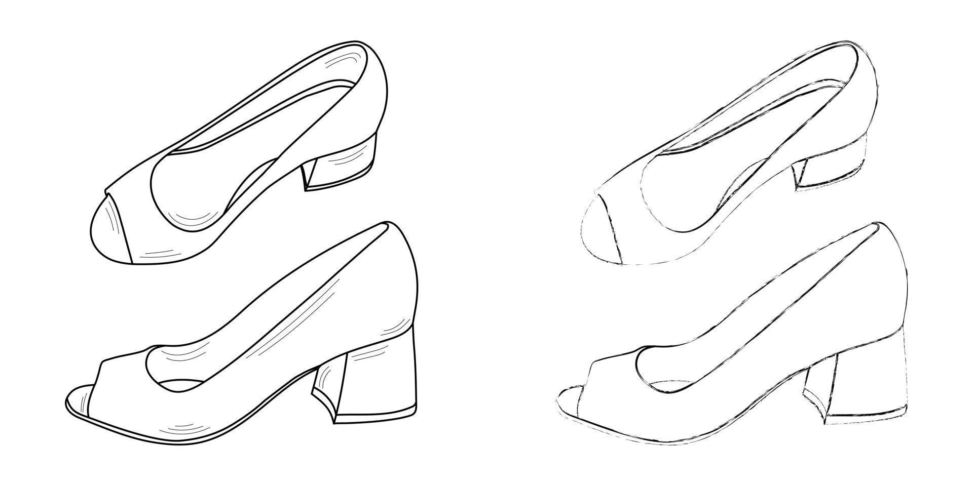 Drawing sketch outline silhouette of fashionable women's shoes. Line style and brush strokes vector