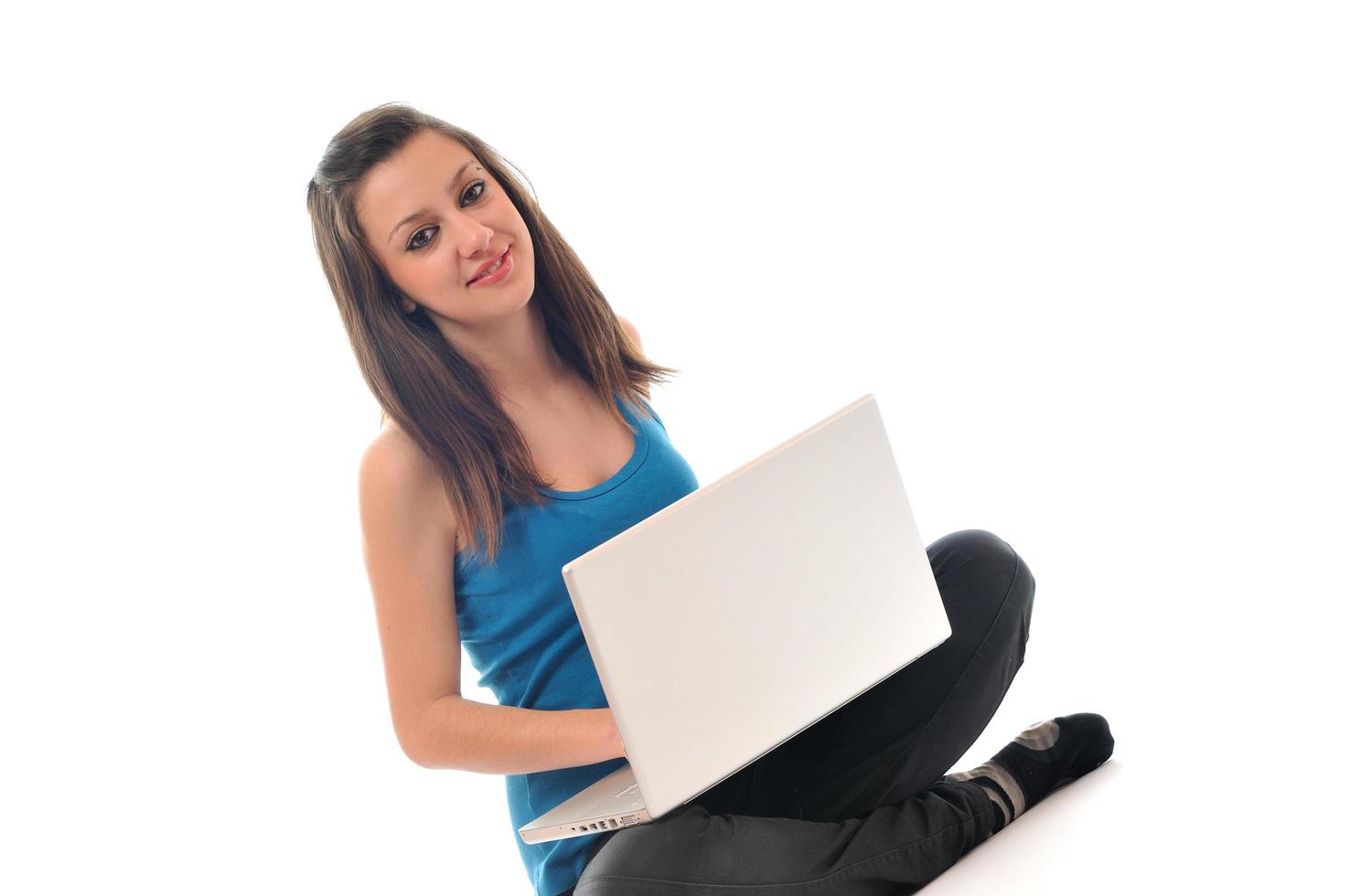young girl work on laptop photo