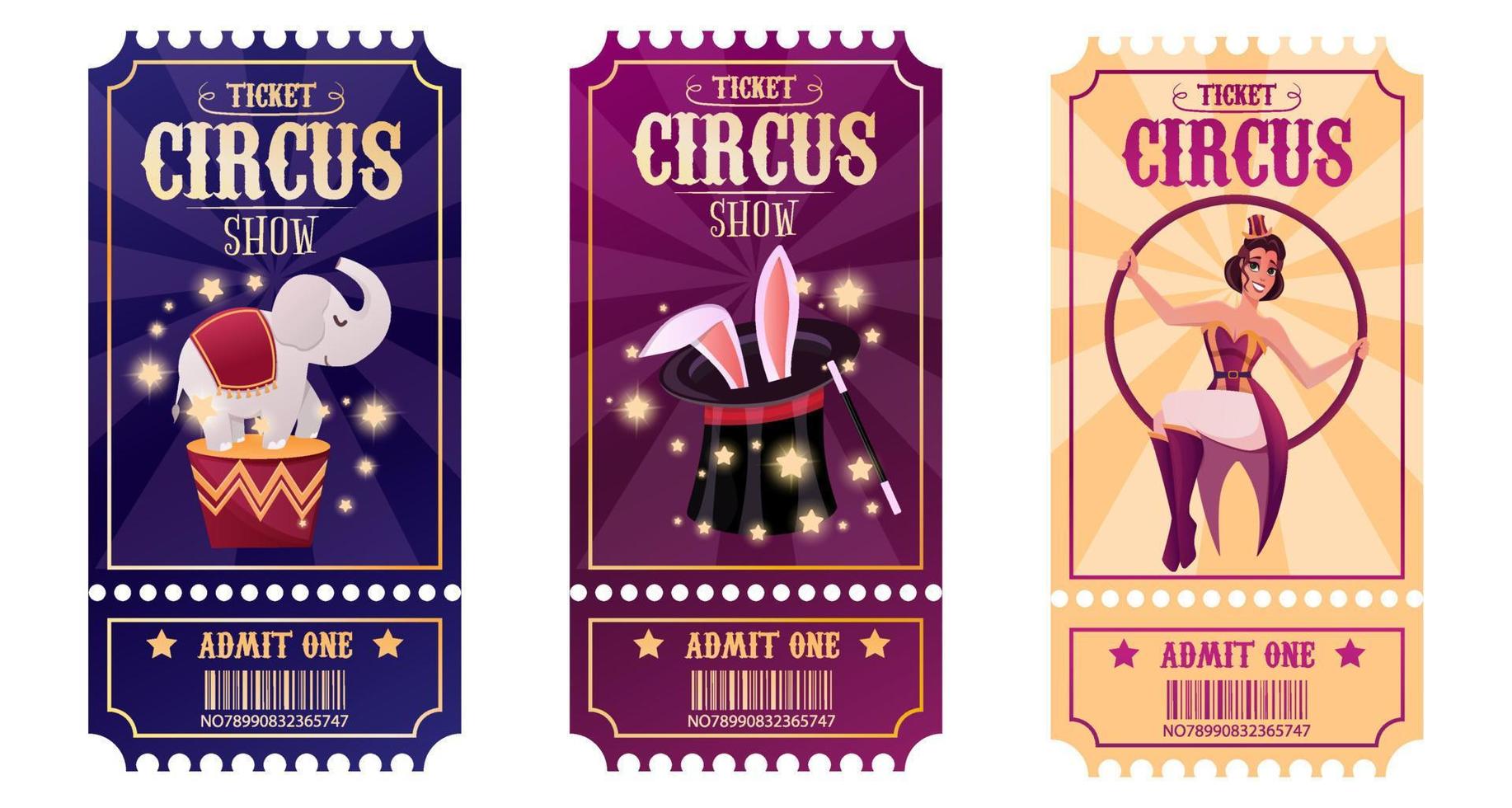 Juego de entradas de circo. show de magia. ilustración vectorial vector