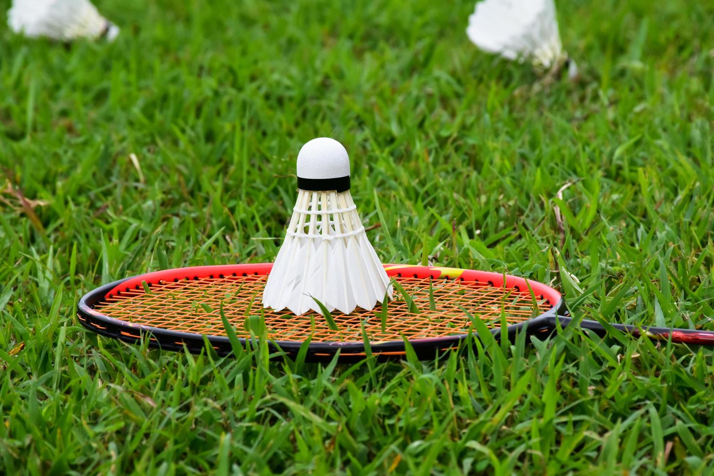 Outdoor badminton equipments shuttlecocks rackets. Outdoor badminton playing concept. photo