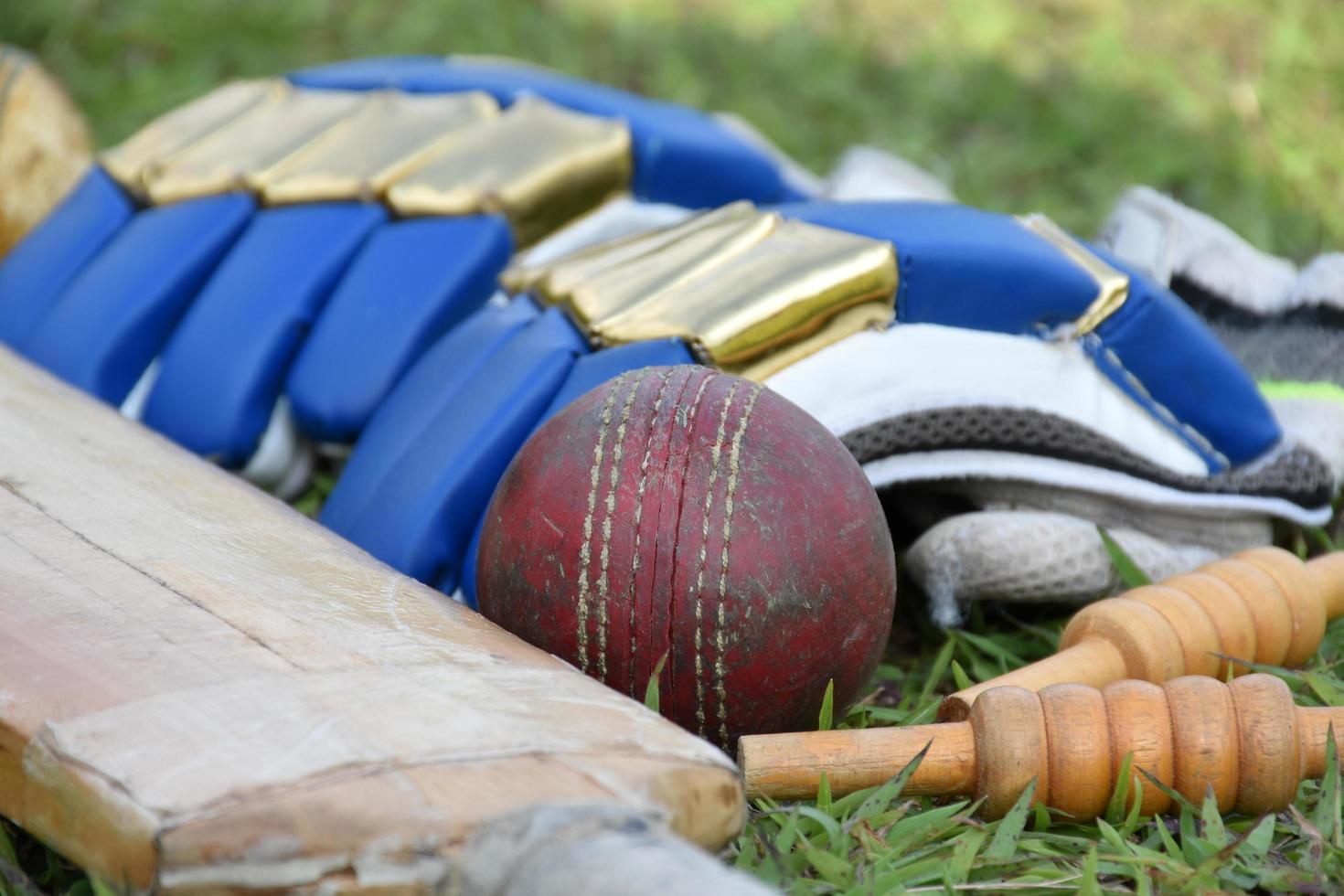 Cricket sport equipments bat ball gloves on green lawn  blurred green grass cricket field, concept for using cricket sport equipment in training. photo