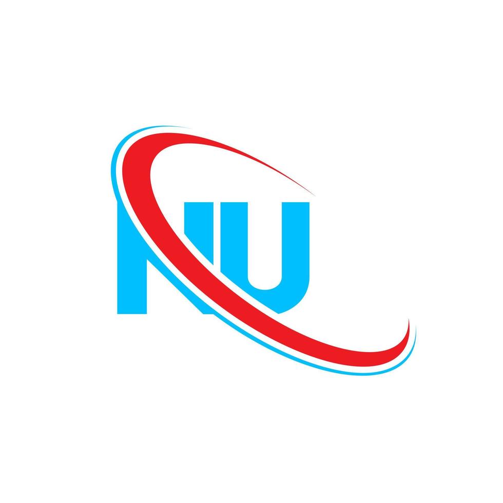 NU logo. NU design. Blue and red NU letter. NU letter logo design. Initial letter NU linked circle uppercase monogram logo. vector