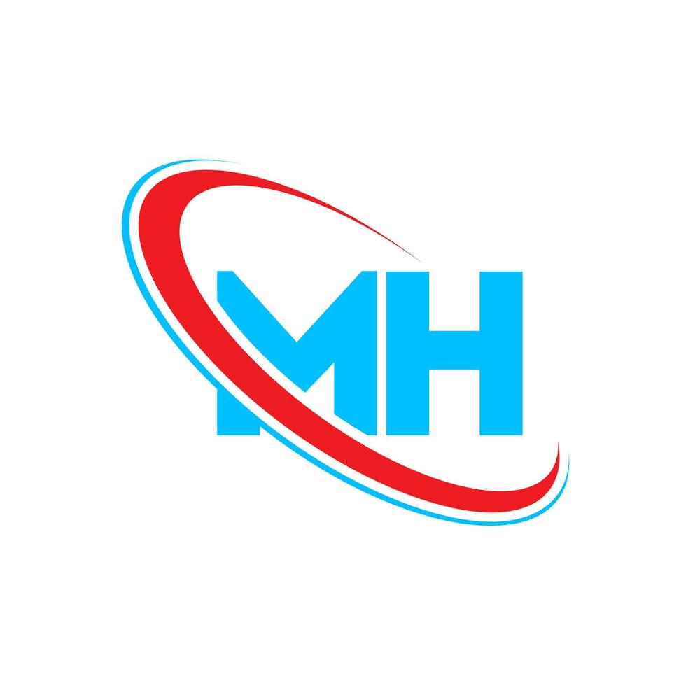 MH logo. MH design. Blue and red MH letter. MH letter logo design. Initial letter MH linked circle uppercase monogram logo. vector