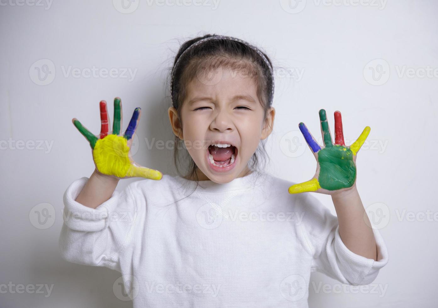 Kid's creativity, Child little asian girl hands painted in colorful paints on white background, Educational concept for school photo