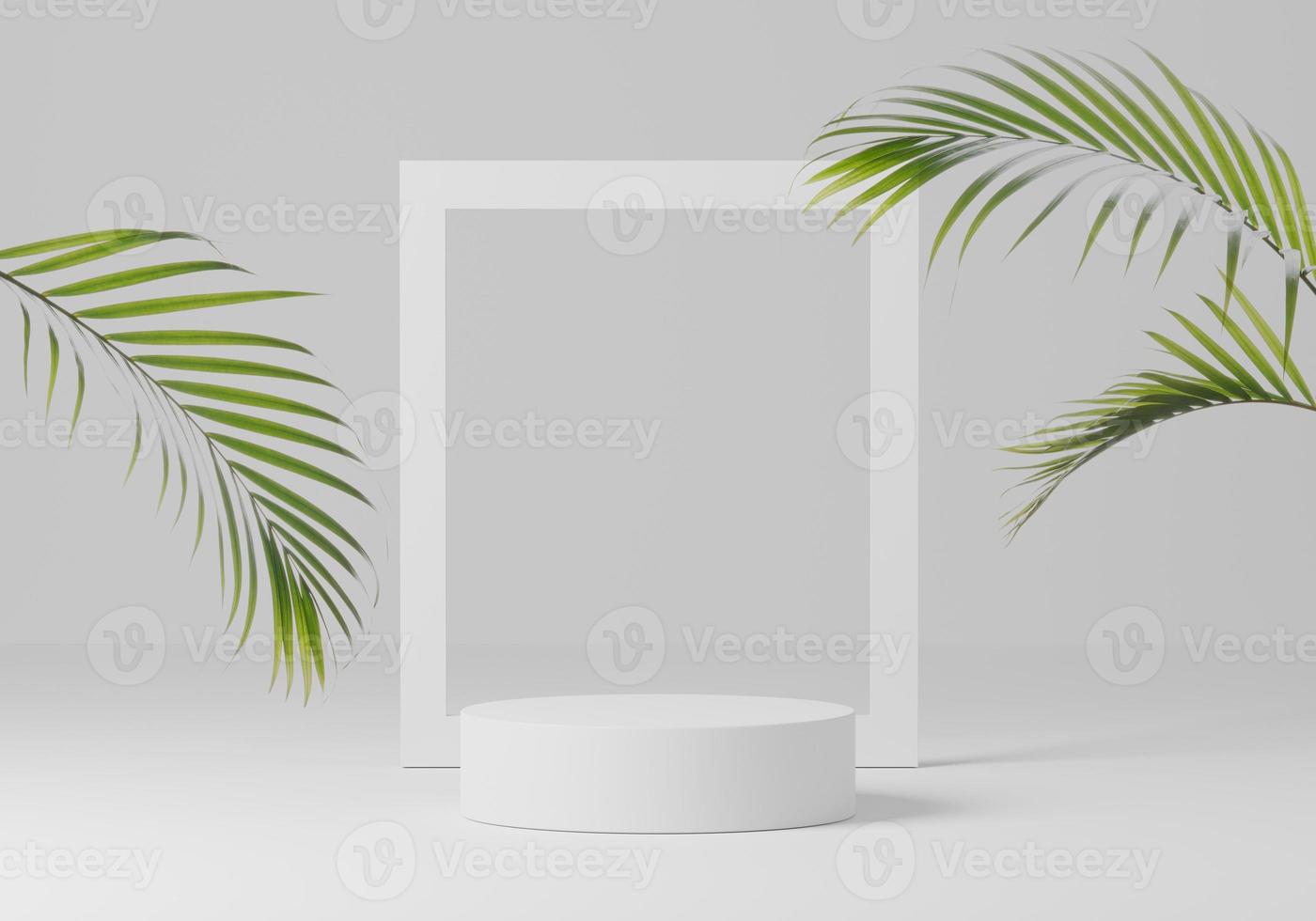 White round corner pedestal podium with photo frame and leafs, Product display podium in room, 3d rendering studio with geometric shapes, Cosmetic product minimal scene with platform