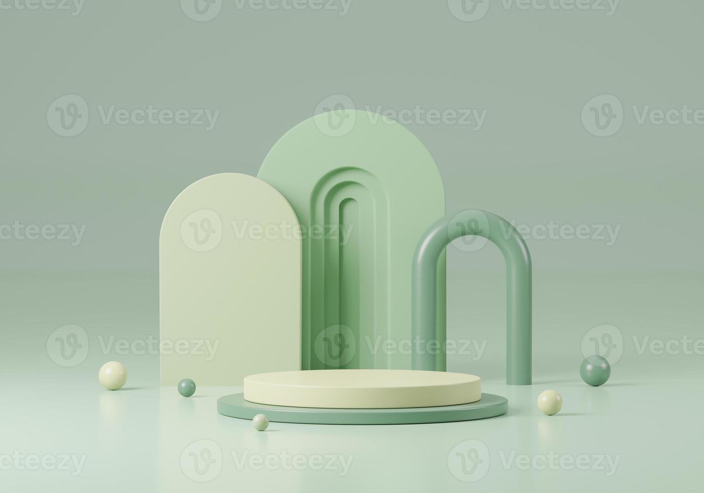 Cosmetic round podium or pedestal with green background, Abstract product display podium, 3d rendering studio with geometric shapes, Cosmetic product minimal scene with platform photo