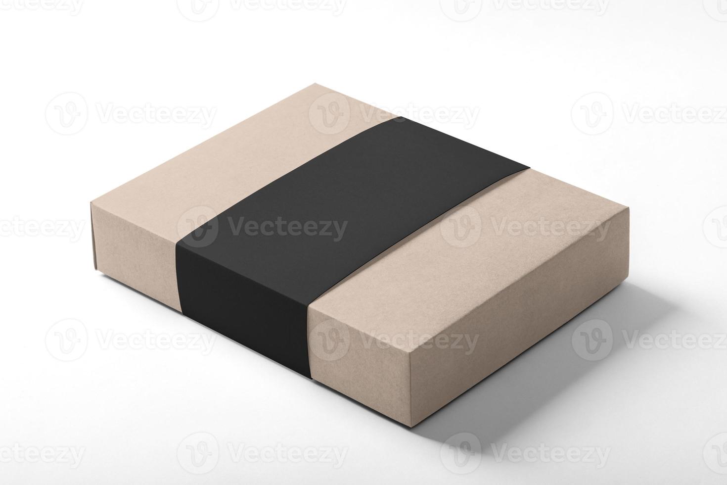 Paper label with cardboard box packaging mockup template with copy space for your logo or graphic design, isolate on white background photo