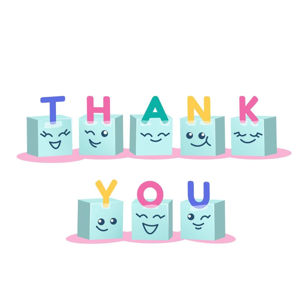 Colorful thank you in Cartoon style. Thank you lettering on gift boxes. Cute faces full of gratitude.  Greeting card for banner, card, web.  Vector illustration.