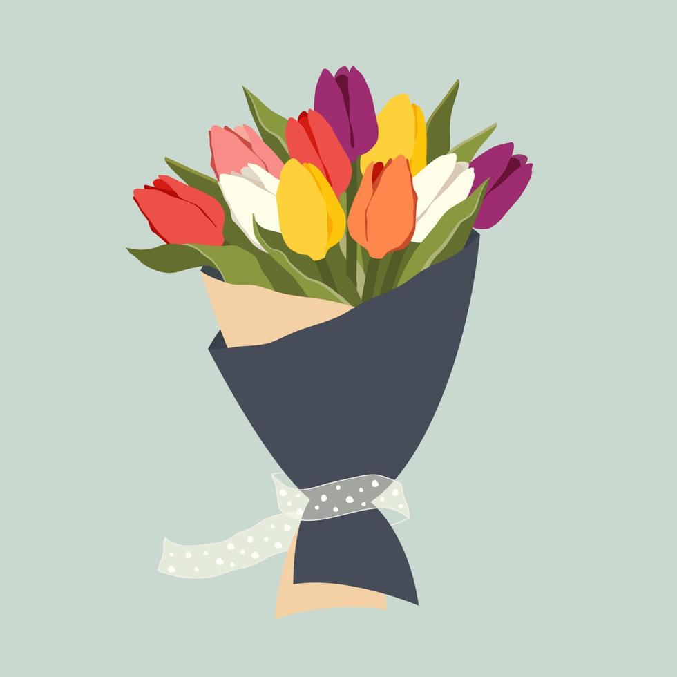 Bouquet of beautiful colorful tulips. Lush bunch of flower buds wrapped in paper with white ribbon for present. Floral design for spring holidays, greeting cards. Flat vector illustration