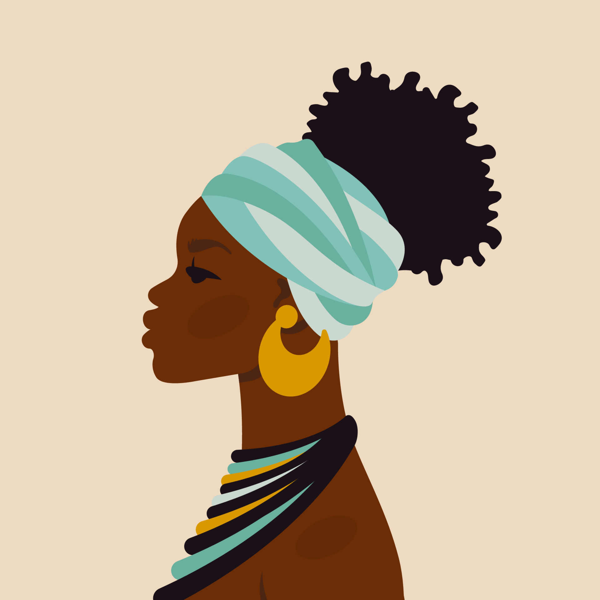 African beautiful woman. Female ethnicity character in national dress,  ornaments, turban. Portrait art. Young African American girl for avatar,  card, fashion, beauty. Vector cartoon flat Illustration 11604442 Vector Art  at Vecteezy