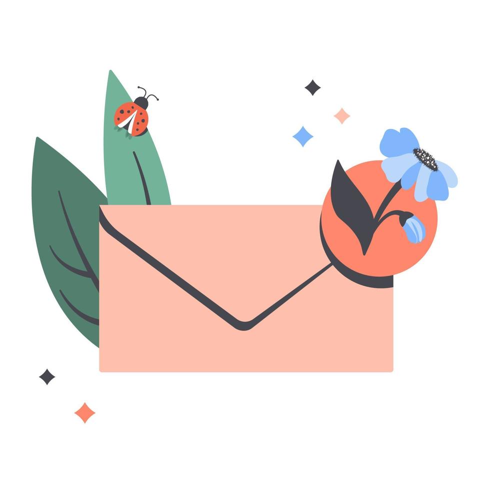 Message notification, sending message. Mail envelope with new incoming message with flower, plants, ladybug. Good news notification concept, communication.  Vector flat cartoon illustration