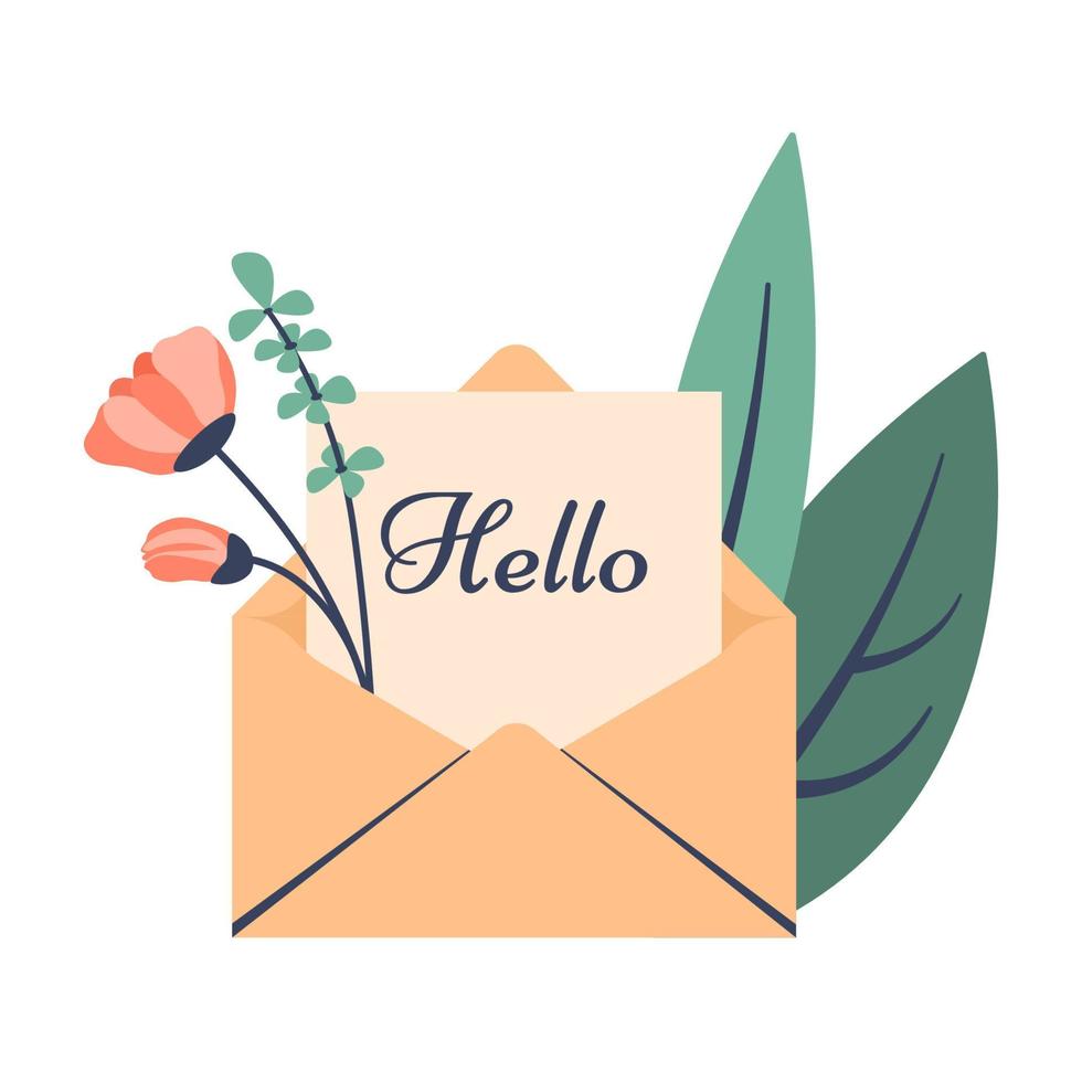 Letter of greeting. Open envelope with letter, beautiful spring flowers, leaves. Concept of reading good news notice, resume, looking at mail, getting good news. Vector flat cartoon illustration