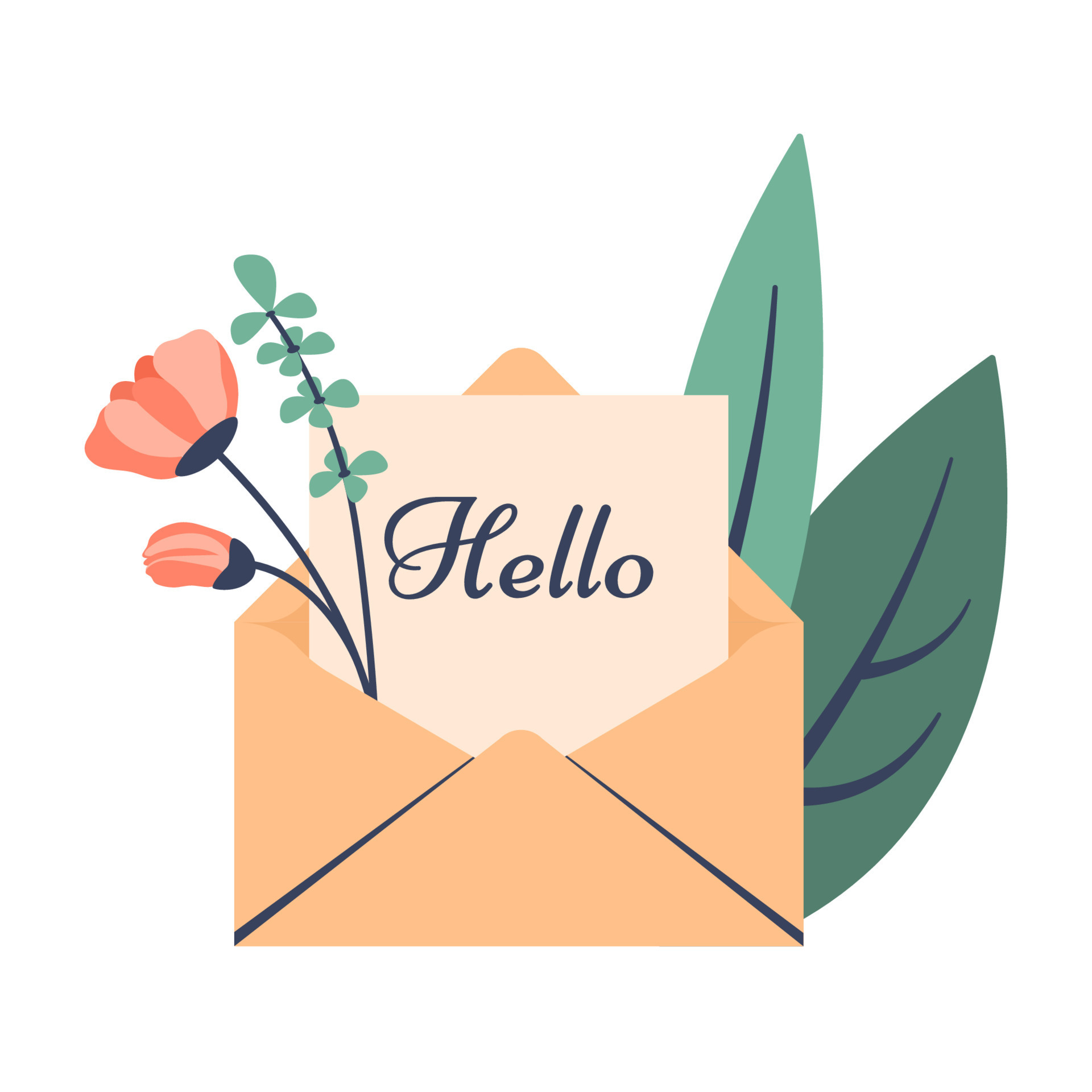 Letter of greeting. Open envelope with letter, beautiful spring flowers