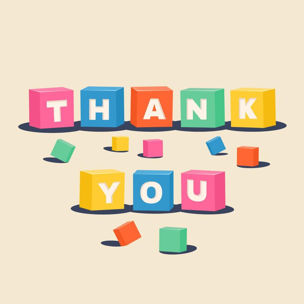 Colorful thank you in Cartoon style. Thank you lettering on boxes. Colored cubes. Cool lettering for greeting card, banner, web. Vector illustration