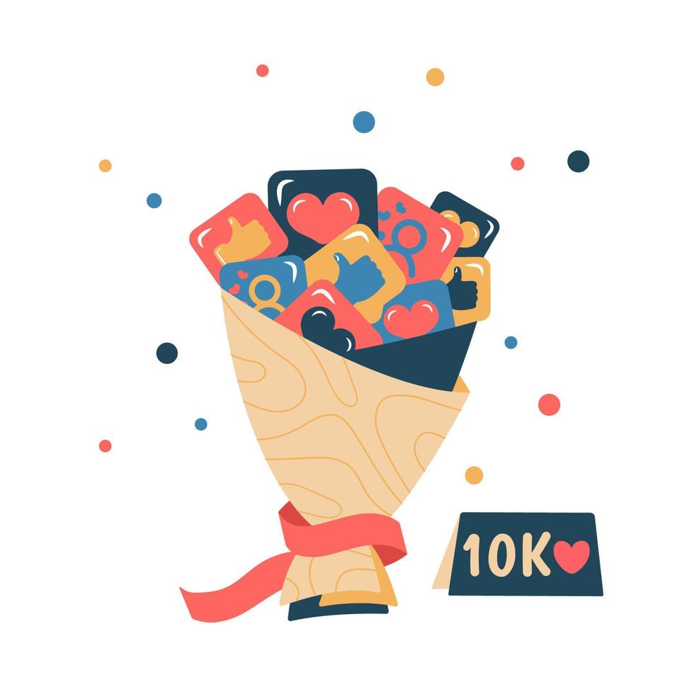 A set of social networking icons. Congratulations Blogger with 10K subscribers. Thanks followers. Likes, color bubbles, greeting card, bouquet and ribbon. Vector illustration