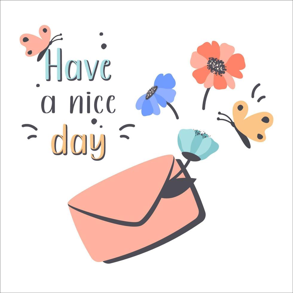 Mail envelope with Greeting message. Cute envelope with beautiful colorful flowers, butterfly. Have a nice day. Good news notification concept, communication. Vector cartoon illustration