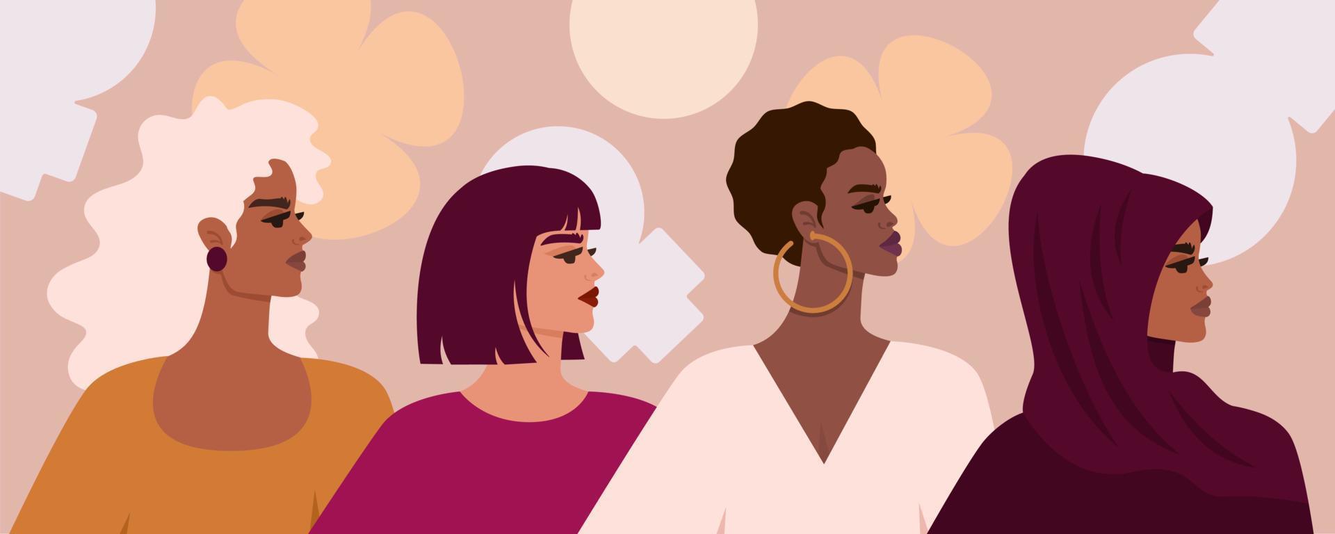 Beautiful women's faces in profile of different nationalities. International Women's Day. Movement for Women's Rights. Feminist concept. Flat cartoon style vector illustration for card, banner, flyer