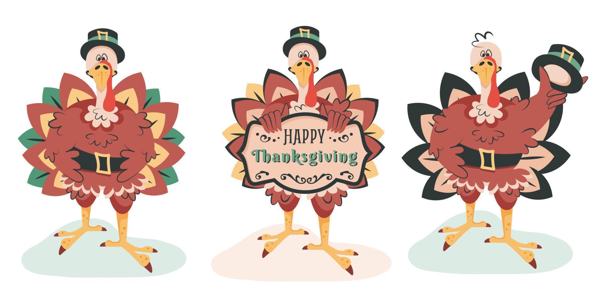 Thanksgiving turkey. Set of happy cute funny characters invites for thanksgiving dinner. Vector cartoon illustration for holiday banner, poster, traditional greeting card