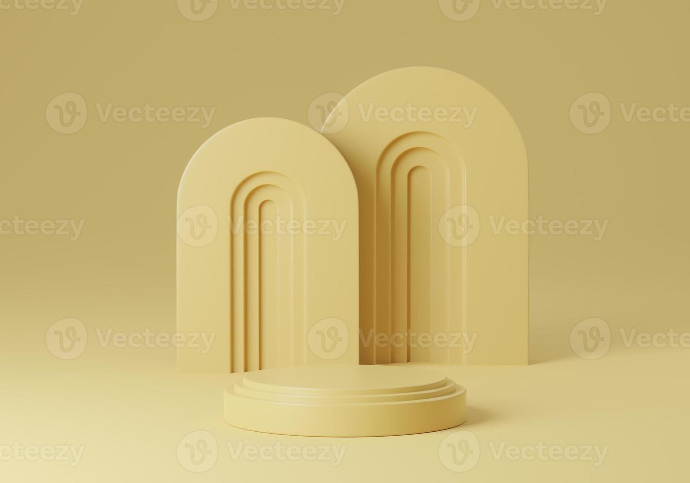 Abstract white round corner pedestal podium with yellow background, 3d rendering studio with geometric shapes, Cosmetic product minimal scene with platform, Stand to show products background photo
