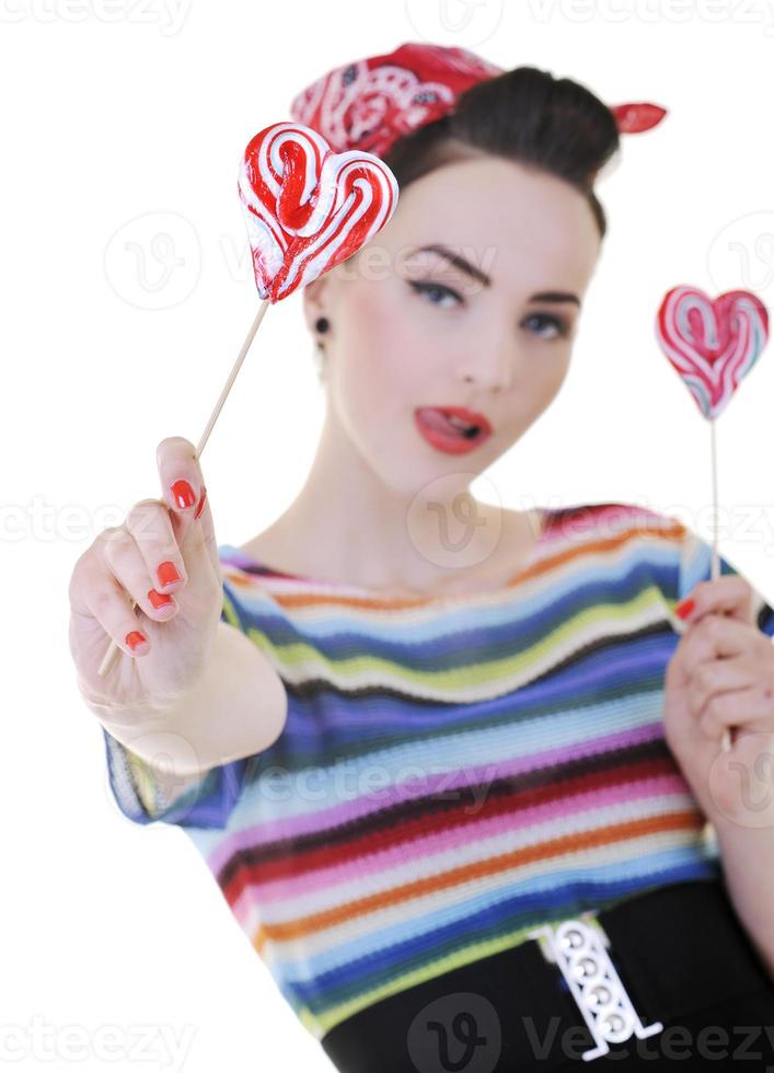 happy woman with lollipop isolated on white photo