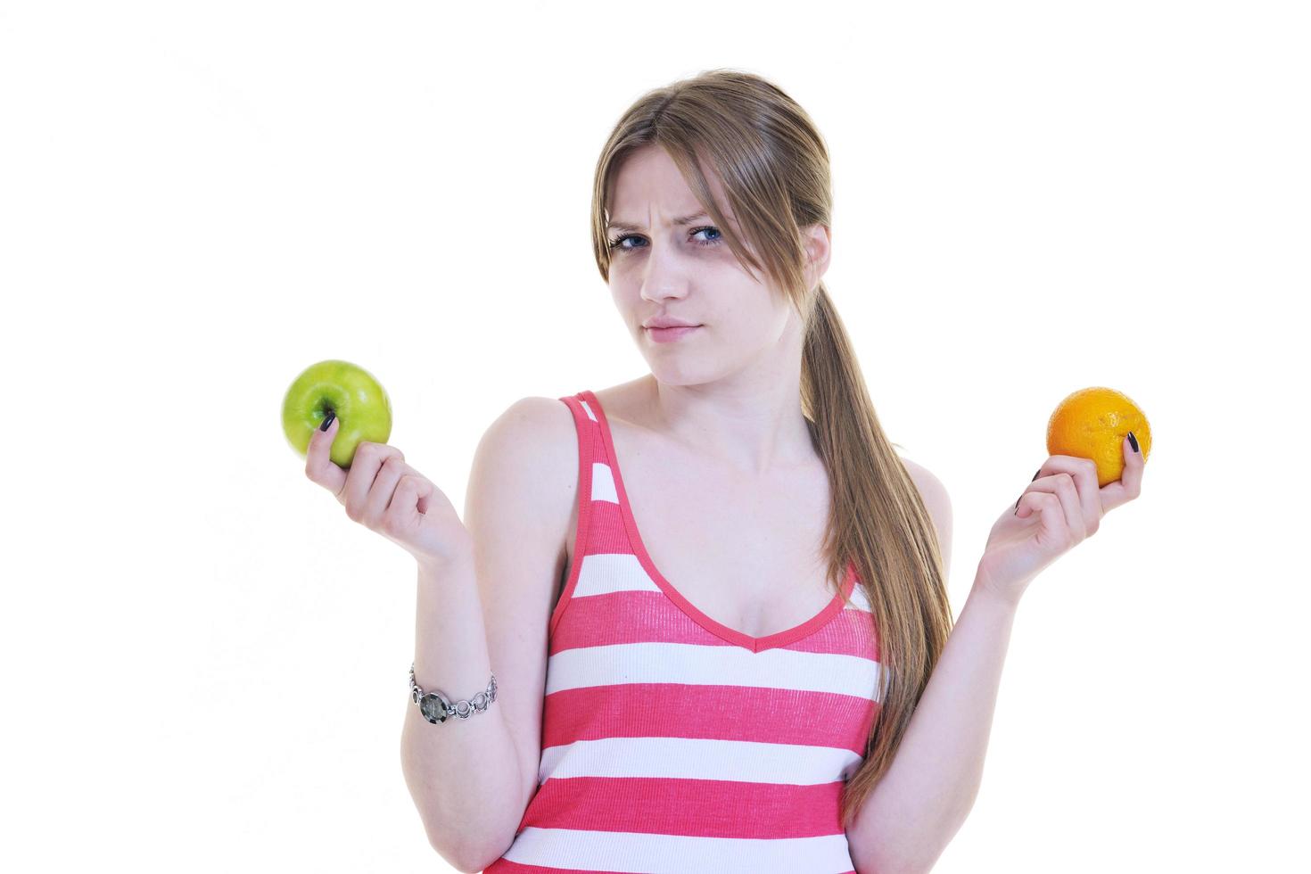 happy  young  woman eat apple isolated  on white photo