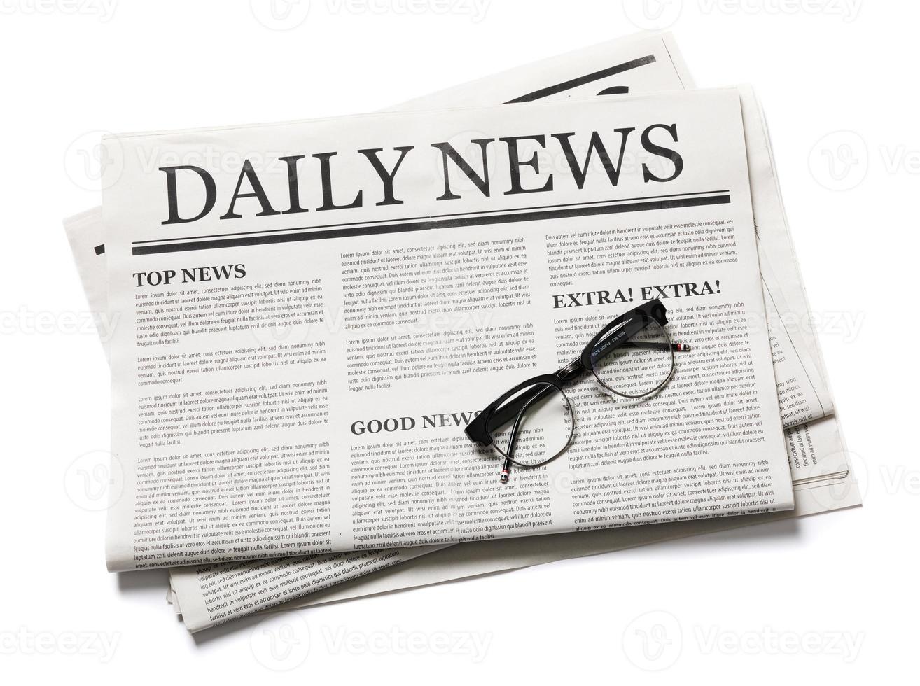 Business Newspaper with glasses isolated on white background, Daily Newspaper mock-up concept photo