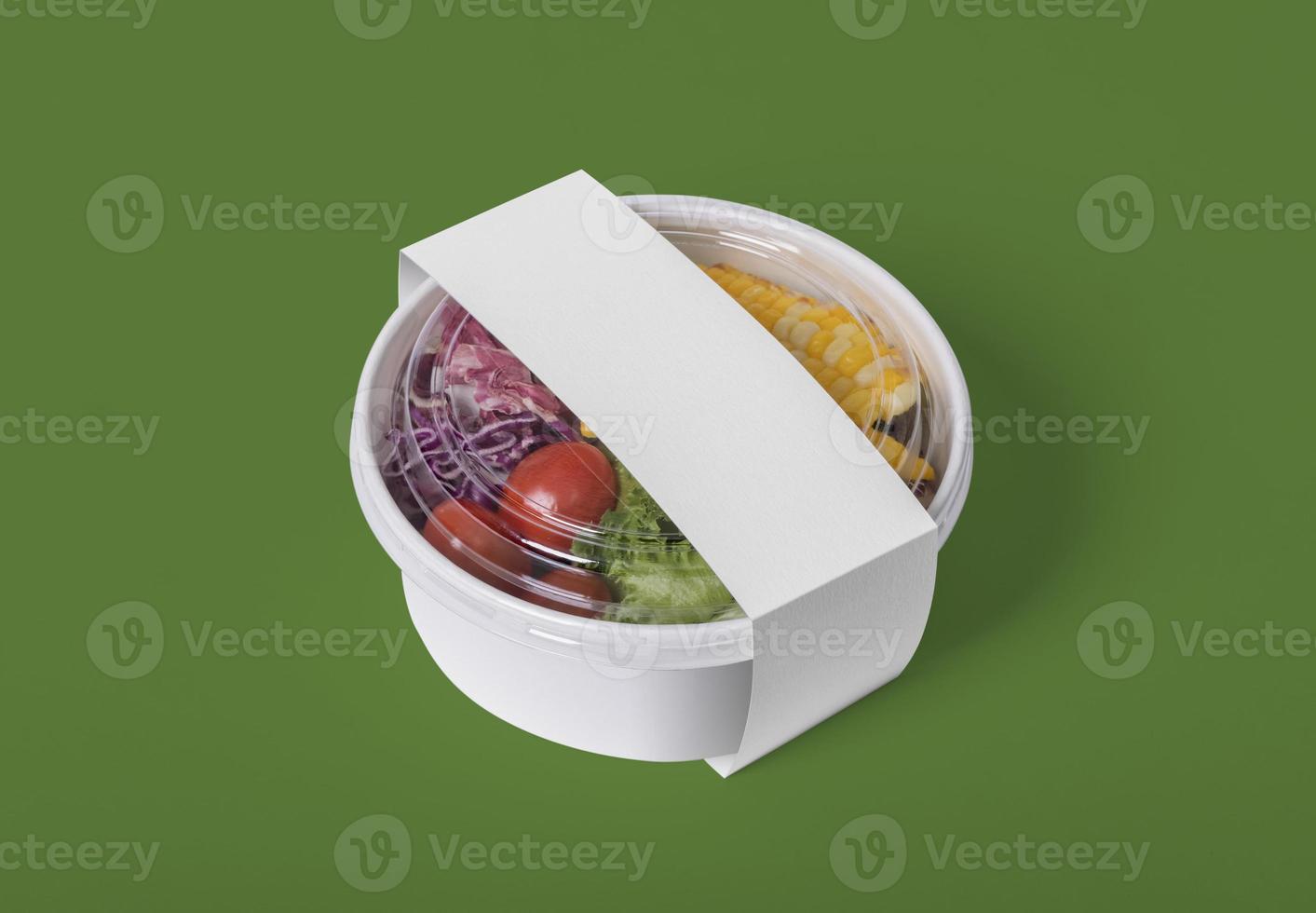 maqueta de caja redonda de contenedor de comida para llevar con verduras y frutas, espacio de copia para su logotipo o diseño gráfico foto