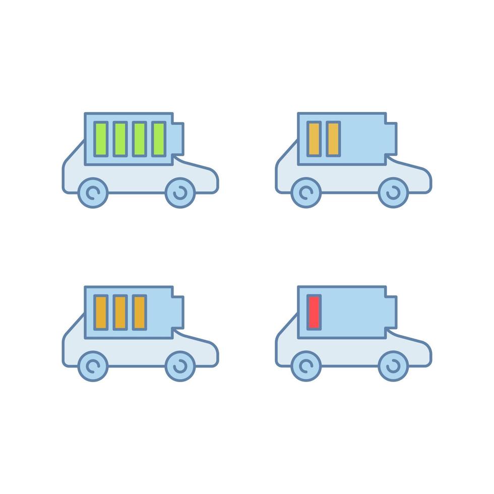 conjunto de iconos de color de carga de batería de coche eléctrico. Indicador de nivel de batería de automóvil. carga alta, media y baja. auto ecológico. ilustraciones de vectores aislados