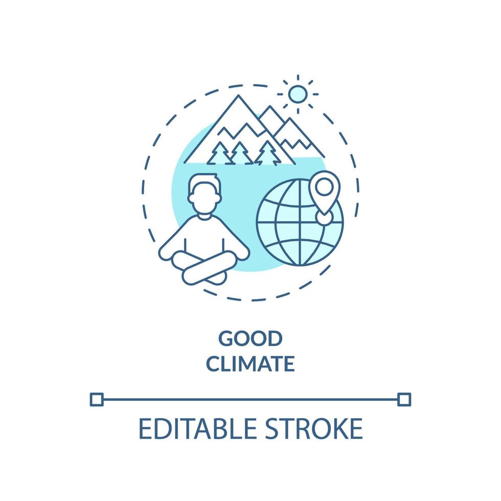 buen clima icono de concepto turquesa. naturaleza y ecología. factor de atracción para la ilustración de línea delgada de idea abstracta de migración. dibujo de contorno aislado. trazo editable. arial, innumerables fuentes pro-bold utilizadas vector