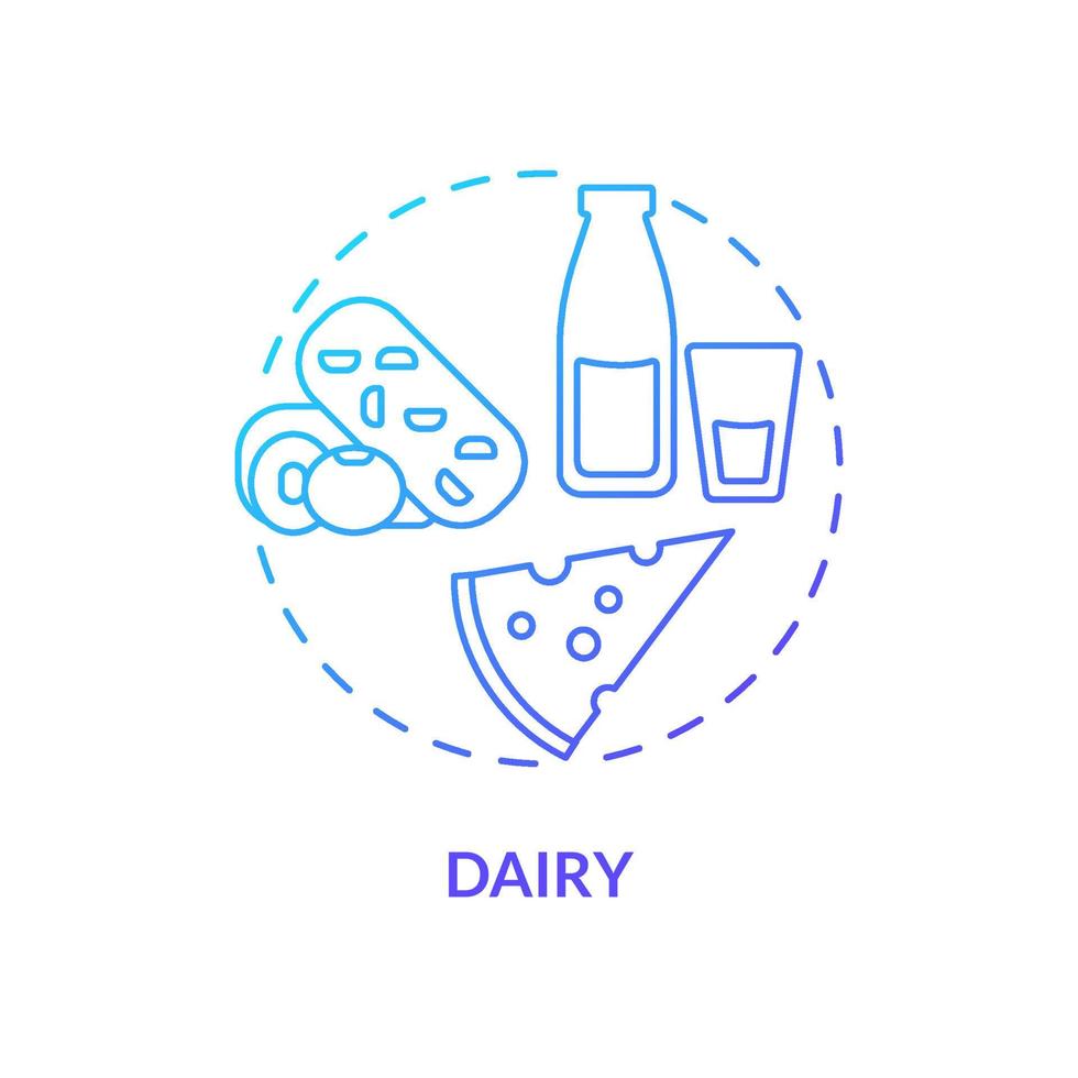 Dairy blue gradient concept icon. Food for healthy bones abstract idea thin line illustration. Source of calcium and protein. Milk products. Isolated outline drawing. Myriad Pro-Bold font used vector