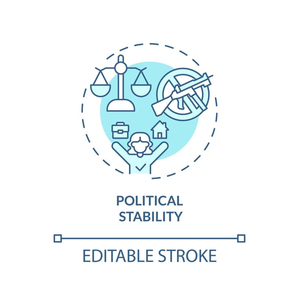 Political stability turquoise concept icon. Moving for safety. Migration pull factor abstract idea thin line illustration. Isolated outline drawing. Editable stroke. Arial, Myriad Pro-Bold fonts used vector