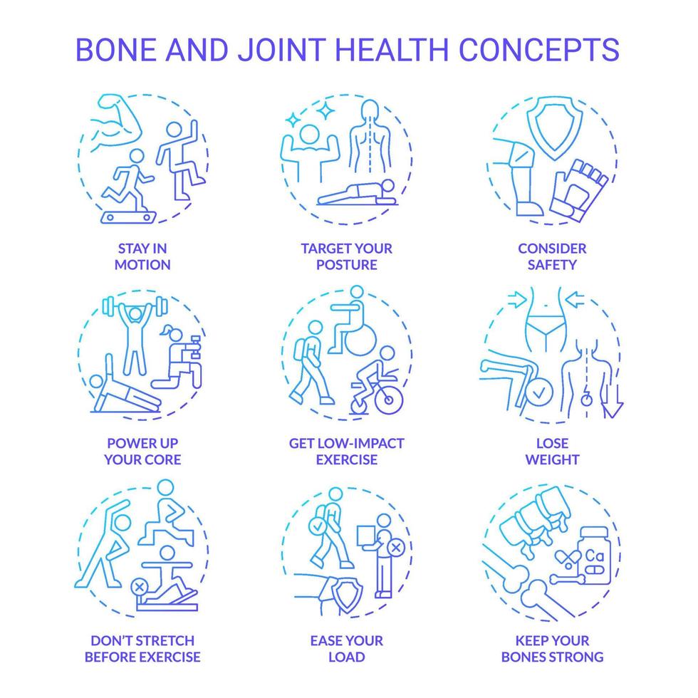 Bone and joint health blue gradient concept icons set. Healthy lifestyle choices idea thin line color illustrations. Stay in motion. Isolated symbols. Roboto-Medium, Myriad Pro-Bold fonts used vector