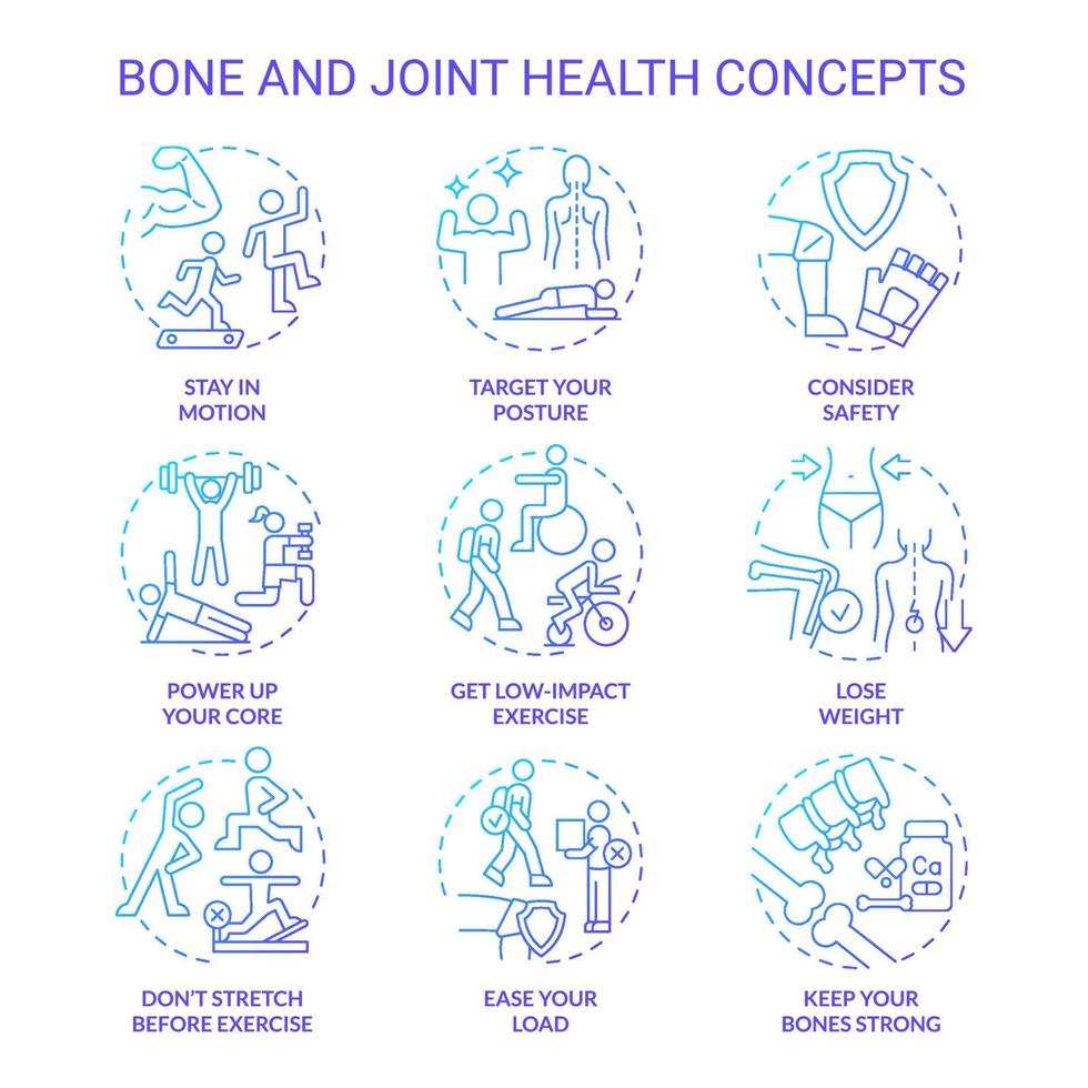 Bone and joint health blue gradient concept icons set. Healthy lifestyle choices idea thin line color illustrations. Stay in motion. Isolated symbols. Roboto-Medium, Myriad Pro-Bold fonts used vector