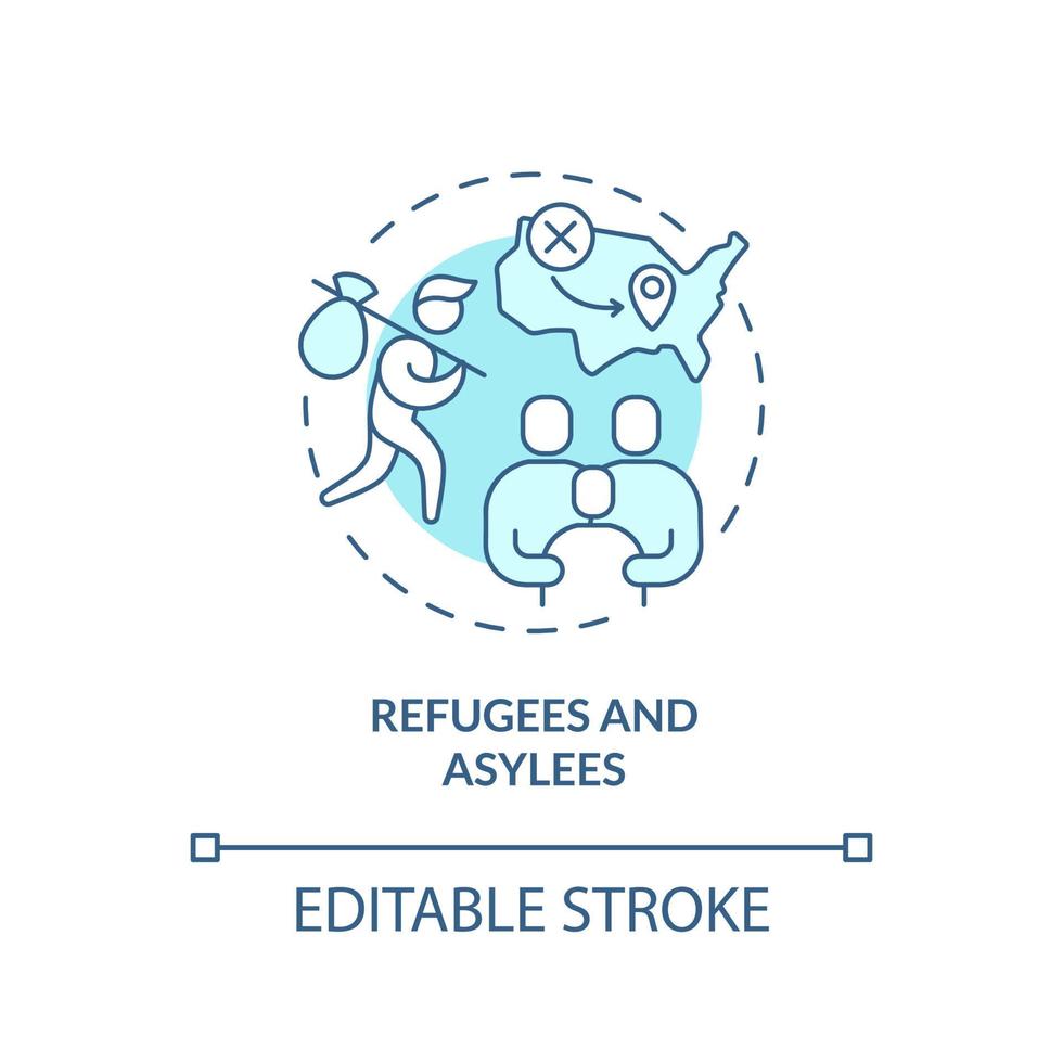 Refugees and asylees turquoise concept icon. Seekers of safety. Migration passways abstract idea thin line illustration. Isolated outline drawing. Editable stroke. Arial, Myriad Pro-Bold fonts used vector