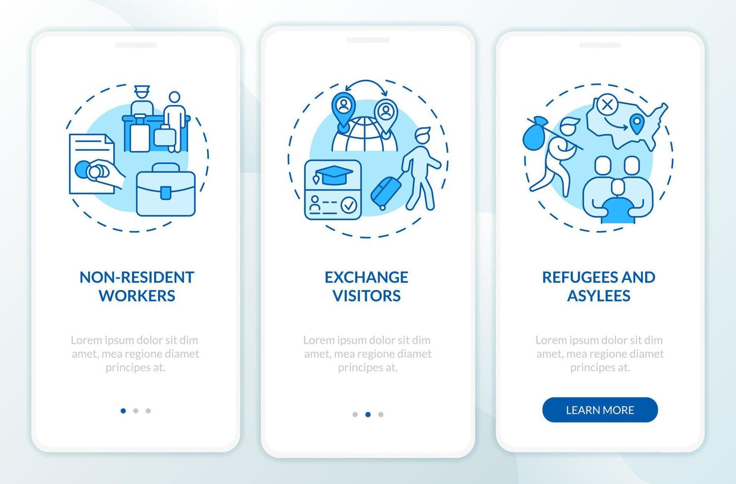 Migration pathways blue onboarding mobile app screen. Permissions walkthrough 3 steps graphic instructions pages with linear concepts. UI, UX, GUI template. Myriad Pro-Bold, Regular fonts used vector