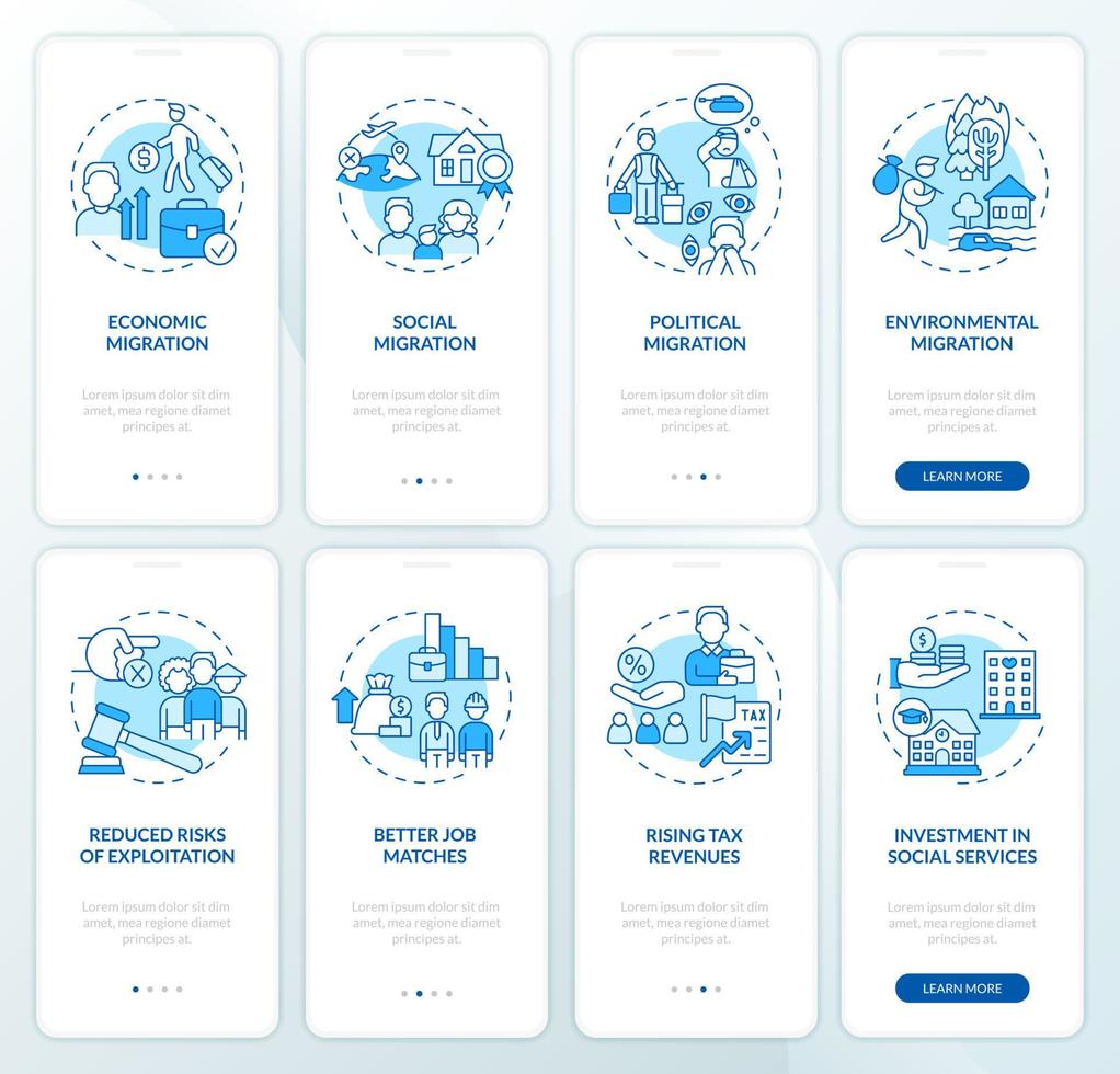 Legal migration blue onboarding mobile app screen set. Relocation abroad walkthrough 4 steps graphic instructions pages with linear concepts. UI, UX, GUI template. Myriad Pro-Bold, Regular fonts used vector