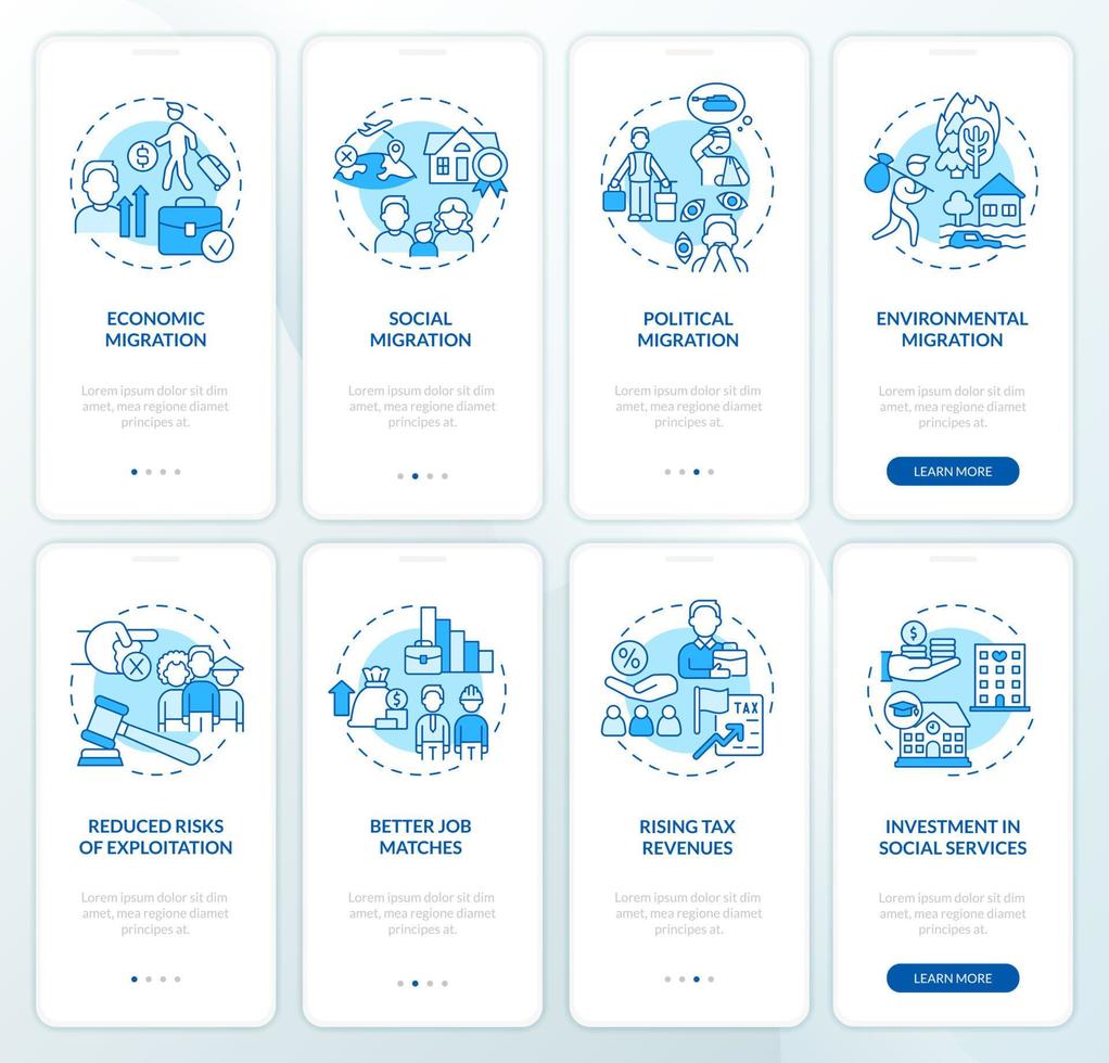 conjunto de pantalla de aplicación móvil de incorporación azul de migración legal. reubicación en el extranjero tutorial 4 pasos páginas de instrucciones gráficas con conceptos lineales. interfaz de usuario, ux, plantilla de interfaz gráfica de usuario. innumerables fuentes pro-negrita y regulares utilizadas vector