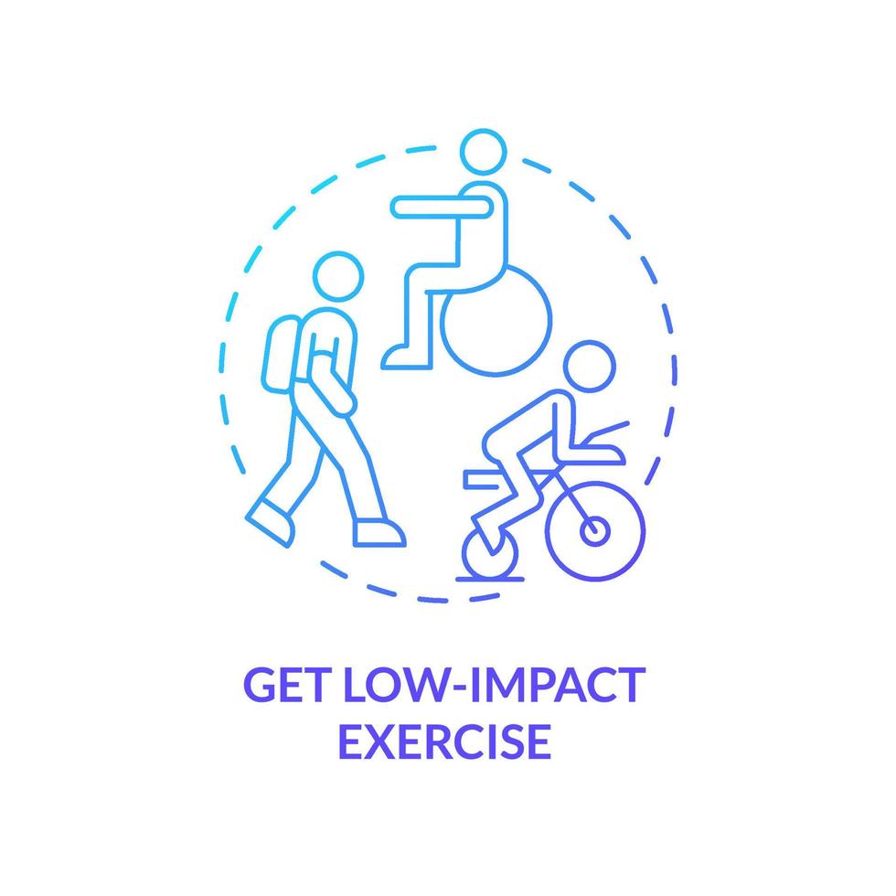 Get low-impact exercise blue gradient concept icon. Improving joint health naturally tip abstract idea thin line illustration. Fitness. Isolated outline drawing. Myriad Pro-Bold font used vector