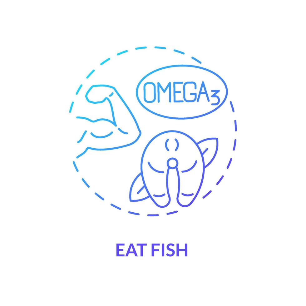 Eat fish blue gradient concept icon. Natural relief from arthritis pain advice abstract idea thin line illustration. Omega fatty acids. Isolated outline drawing. Myriad Pro-Bold font used vector