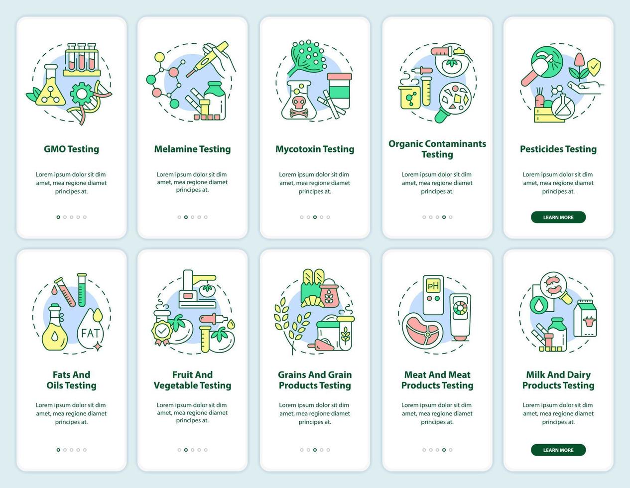 Food testing laboratory onboarding mobile app screen set. Analysis