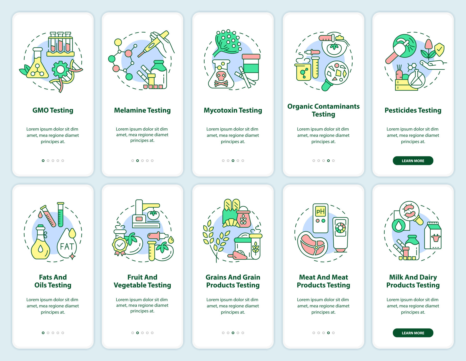 Food testing laboratory onboarding mobile app screen set. Analysis