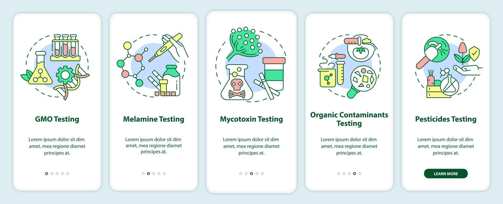 Services onboarding mobile app screen. GMO and melamine testing walkthrough 5 steps graphic instructions pages with linear concepts. UI, UX, GUI template. Myriad Pro-Bold, Regular fonts used vector