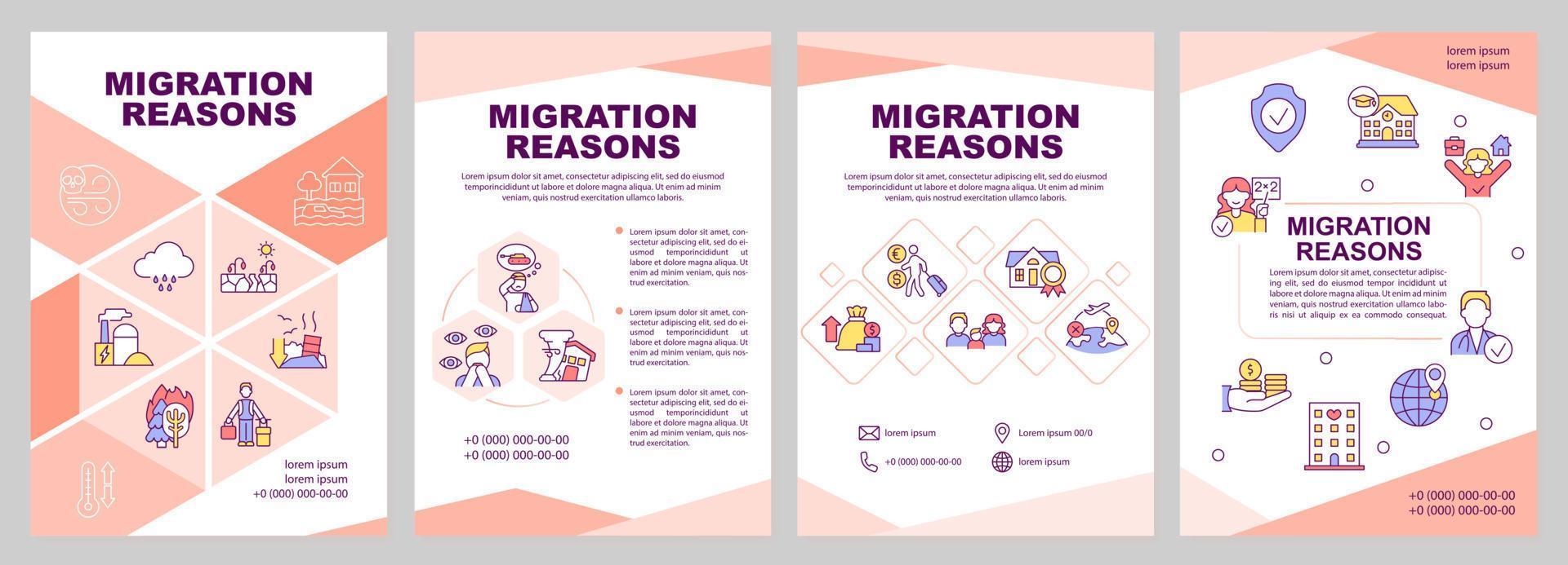 Migration reasons pink brochure template. Moving causes. Leaflet design with linear icons. 4 vector layouts for presentation, annual reports. Arial-Black, Myriad Pro-Regular fonts used