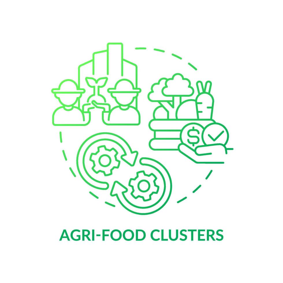 Agri-food clusters green gradient concept icon. Agricultural industry production. Farming trends abstract idea thin line illustration. Isolated outline drawing. Myriad Pro-Bold font used vector