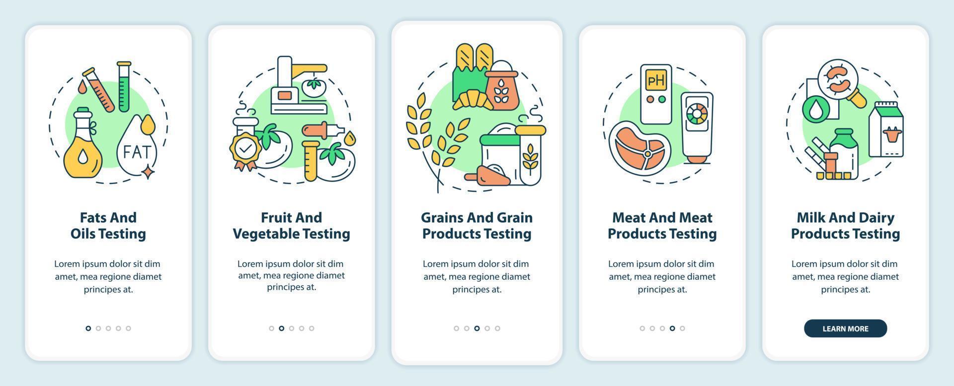 Food manufacturers onboarding mobile app screen. Grains, meat testing walkthrough 5 steps graphic instructions pages with linear concepts. UI, UX, GUI template. Myriad Pro-Bold, Regular fonts used vector