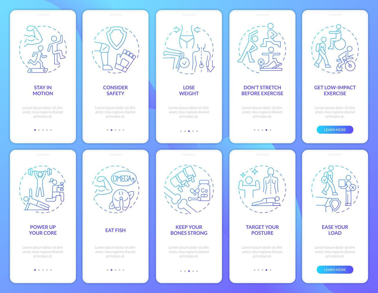 Keeping joints healthy blue gradient onboarding mobile app screen set. Walkthrough 5 steps graphic instructions pages with linear concepts. UI, UX, GUI template. Myriad Pro-Bold, Regular fonts used vector