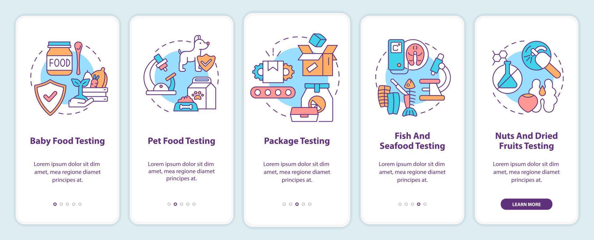 Industries onboarding mobile app screen. Baby and pet food testing walkthrough 5 steps graphic instructions pages with linear concepts. UI, UX, GUI template. Myriad Pro-Bold, Regular fonts used vector