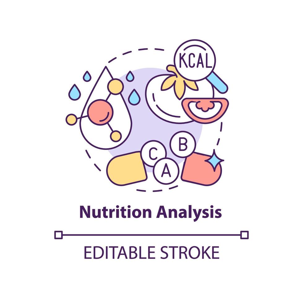 Nutrition analysis concept icon. Food testing abstract idea thin line illustration. Dietary content. Vitamins and minerals. Isolated outline drawing. Editable stroke. Arial, Myriad Pro-Bold fonts used vector