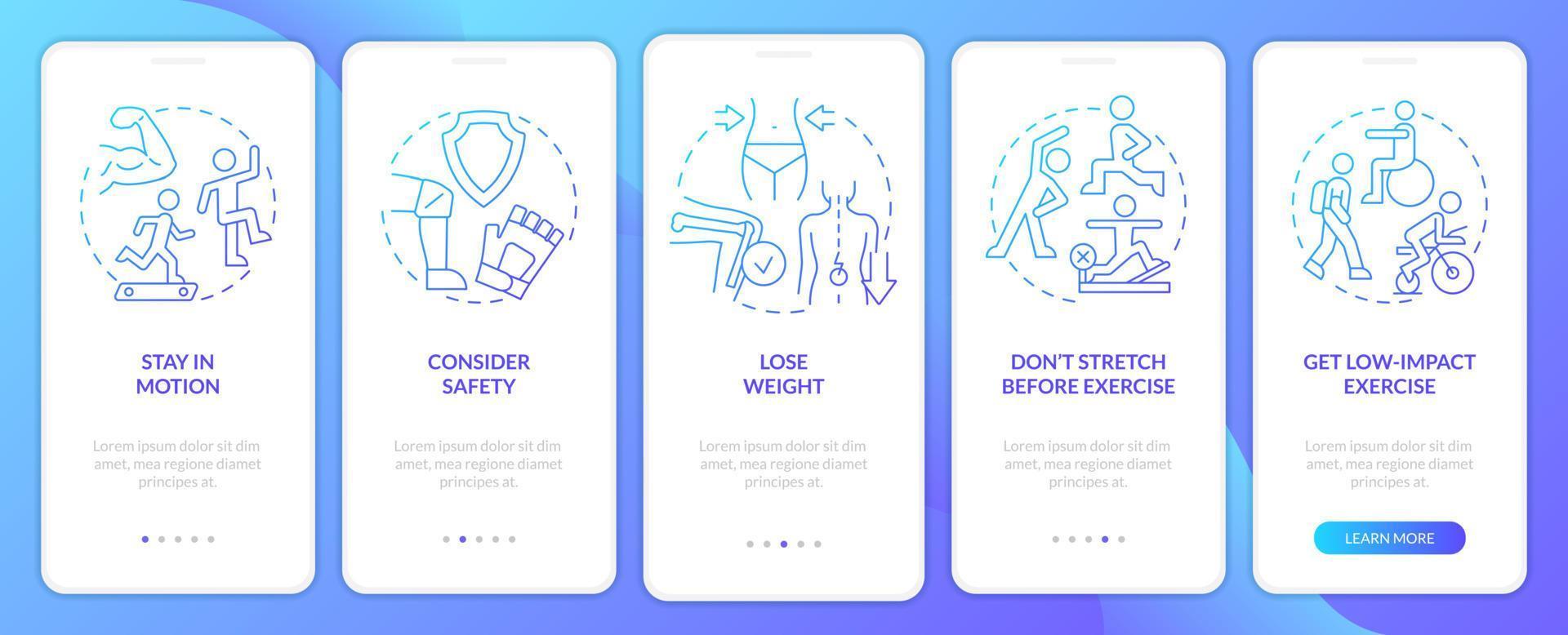Keeping joints healthy tips blue gradient onboarding mobile app screen. Walkthrough 5 steps graphic instructions pages with linear concepts. UI, UX, GUI template. Myriad Pro-Bold, Regular fonts used vector
